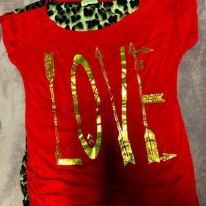 Red blouse with animal print. Size L but also M